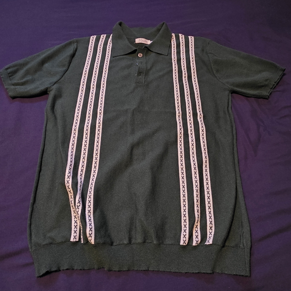 4/$67 Deal! Vintage Style Mainfini Dark Green Polo with Cream Stripes